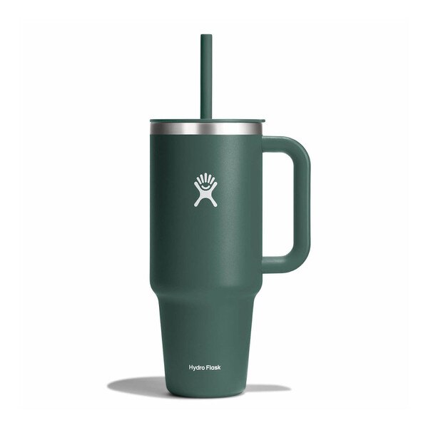 A dark green, forty ounce tumbler with a handle and the white Hydro Flask logo on the front.